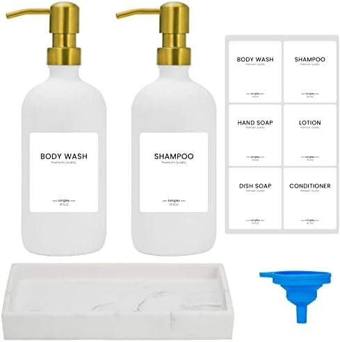 Langley 2 Pack Glass Soap Dispenser with Pump and Marble Tray Vintage Soap Dispenser Bathroom & Kitchen Set Dish Soap, Hand Soap, Lotion Waterproof Labels White Bottles with Gold Pumps