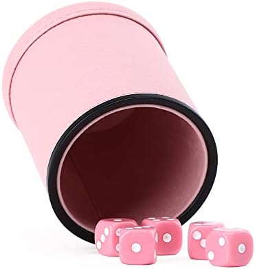Pink Party Leather dice Cups, Including 5 Matching Pink dice - Pink Velvet Interior for Quiet Shaking - for Cheater dice Fakir Yahtzee Board Game