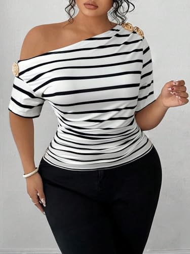 SOLY HUX Women's Plus Size Striped T Shirt Off The Shoulder Short Sleeve Ruched Tee Summer Tops4