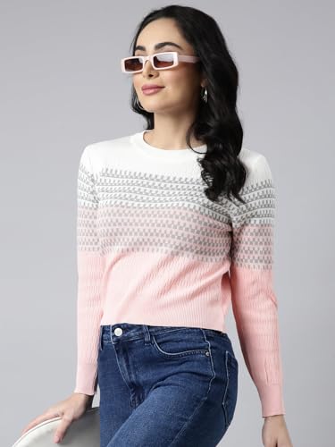 Image of SHOWOFFFF Women Geometric Fitted Casual Top | Round Neck Full Sleeves Knitted Top's for Womens | Regular Fit Midi Tops for Women's