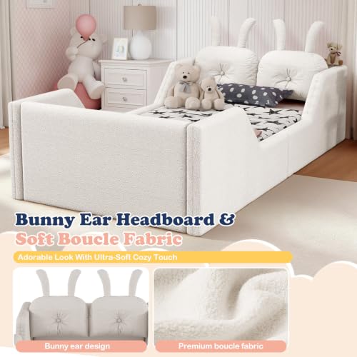 Image of Twin Bed Frame for Kids, Floor Platform Bed Rabbit, Beige