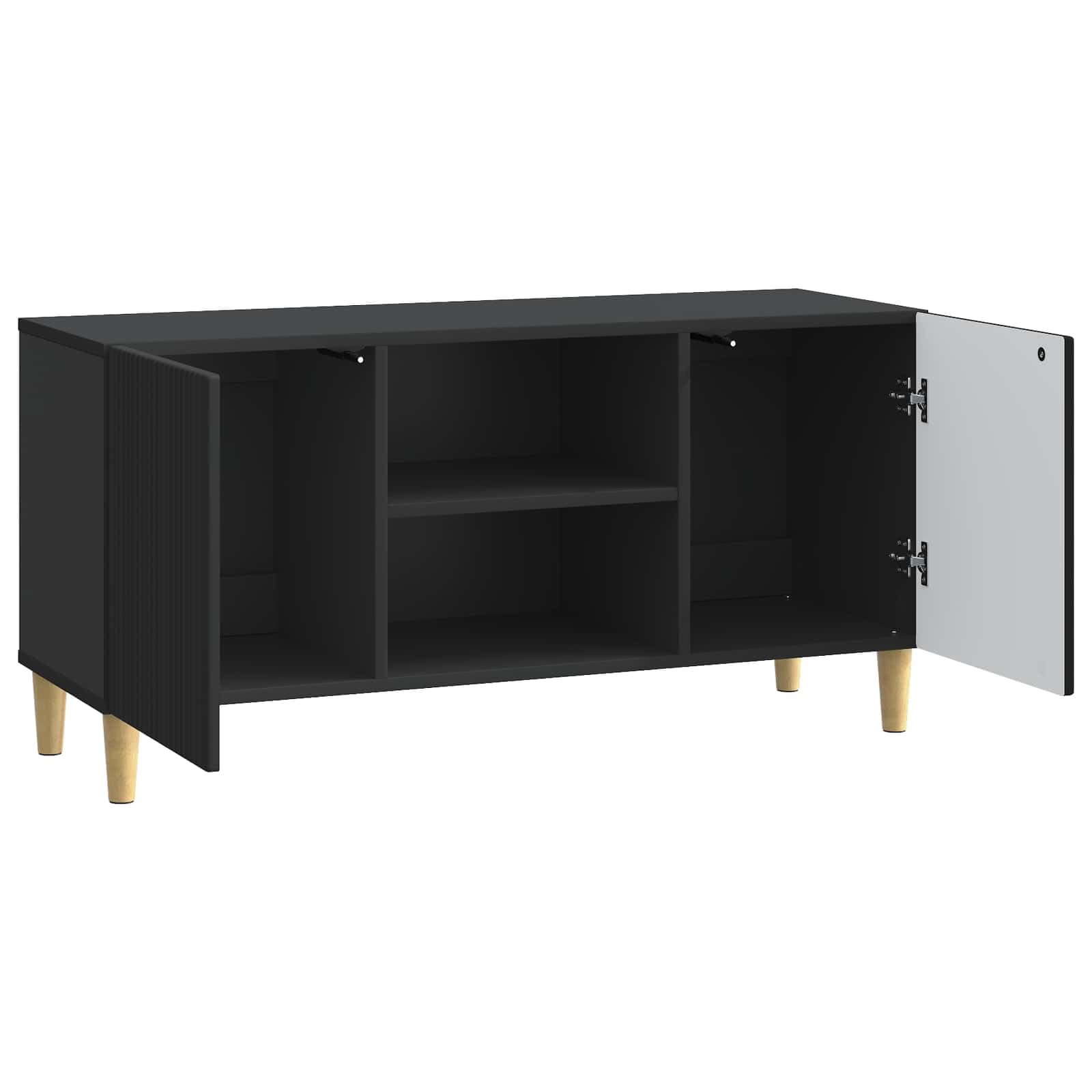 Mobile basso per TV, nero, 102 x 34,5 x 50 cm, in legno | Tavolino TV compatto con ante girevoli e ripiani per soggiorno e camera da letto. Gambe coniche stabili.