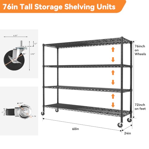 Image of ROOMTEC 4-Tier Rolling Garage Shelving, 60 inchL*24 inchW*72 inchH, Max Loads 3200LBS