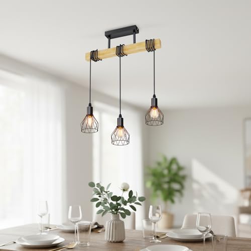 LVWIT Lampadari a Sospensione Nero, Lampadari Cucina Rustici E14, Lampadario Cameretta con 3 Luci, Base di Legno, Lampadario Pendente per Bar, Sala da Pranzo, Soggiorno (Senza Lampadina)