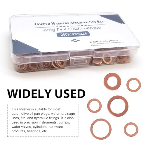 Image of Shakas Pack-200 Car Copper Metric Gasket Combination Set, Oil Pan Plug Sealing Gaskets, M5 M6 M8 M10 M12 M14 9 Specifications Flat Crushed Gasket with Storage Box, Universal for Most Cars (Gold)