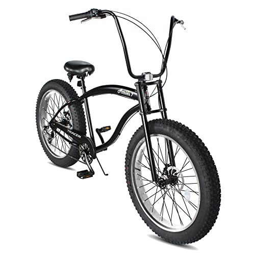 Bicicleta Tracer Avalon para adultos, tipo playera, ruedas de 26 pulgadas, neumáticos anchos, marco de acero Hi-Ten, 7 velocidades, frenos de disco mecánicos, color negro mate y pulido