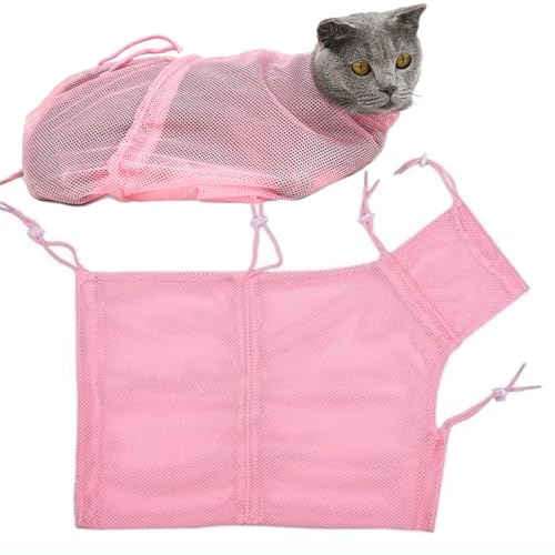 Nikkashop 猫用保定袋 メッシュ 猫用マスク フェイスマスク 補助マスク 爪切り 通院 点耳薬 耳掃除 点滴 介護ケア ソフトタイプ (ピンク)