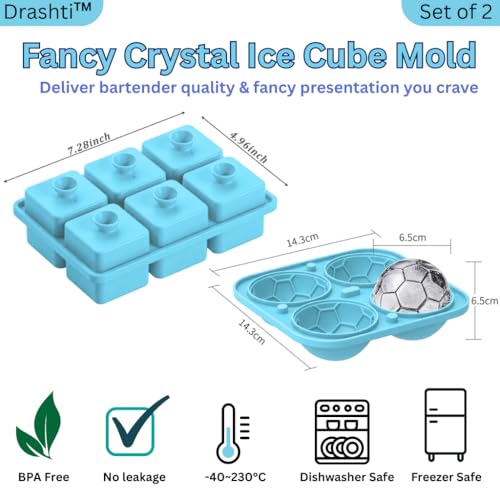 Image of Premium Combo of Large 3D Crystal Square Ice Cube Tray & Football Shaped Silicone Molds for Chilling Drinks, Chocolates, Juice, Jelly and Many More. Pack of 2 (Light Blue)