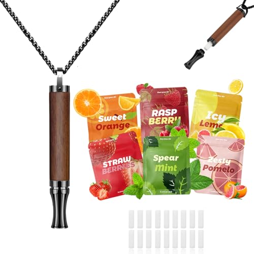 Replace Bad Habit Flavored Air Necklace with 18pcs Refillable Cores in 6 Flavors Habit Support Refreshing Necklace for Stress Relief Sensory Fidget for Adults - Travel Set (Brown)