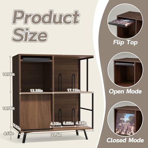 Image of Faesun 3 Tier Flip Top Record Player Stand, Vinyl Record Storage Holds up to 300+ Albums, Large Record Player Cabinet, Vintage Turntable Stand with Vinyl Display, for Living Room Bedroom, Walnut