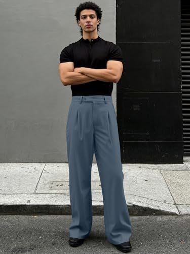 Image of JMIERR Mens Baggy Casual Dress Pants Lightweight Pleated Old Money Wide Leg Pants Loose Relaxed Fit Trousers