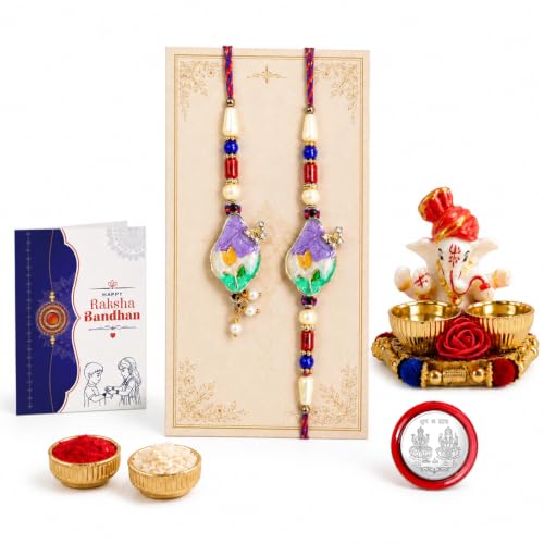 Image of Oblivion Designer Trendy Multicolor Lumba Rakhi Combo for Brother Bhaiya Bhai with Ganesha Thali, Roli Tikka, Silver Color Pooja Coin & Greeting Card | Raksha Bandhan Festival Gift Set | Pack of 5