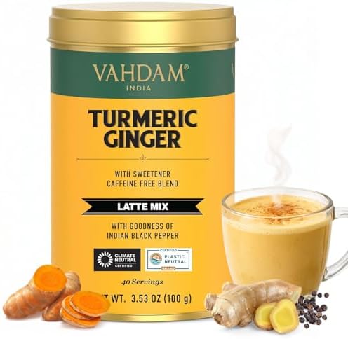 VAHDAM Turmeric Ginger Latte Mix (100g, 40 Cups) |Golden Milk Powder with Turmeric & Ginger| Caffeine-Free | with no artificial additives | Brew Hot, Iced, or as a Latte, Add to Smoothie