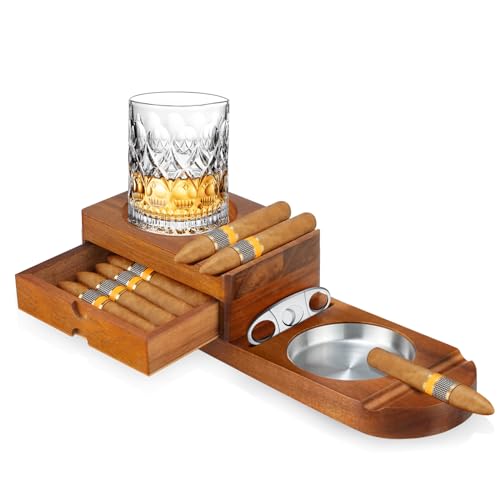 CIGARFEAST Ashtray Coaster Whiskey Glass Tray & Wooden Ash Tray with Cigar Cutter,Include Drawer and Cigar Slot Home Office Outdoor Great Cigar Accessories for Men