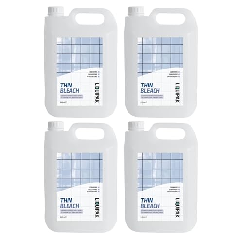 Liquipak Thin Bleach 4x5L Household bleach bulk pack for cleaning toilets drains sinks & floors. Strong formula for bleaching & deodorising surfaces.