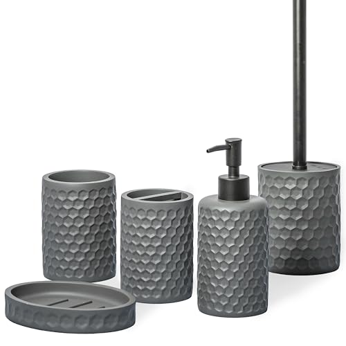 zccz Bathroom Accessories Set 5 Pcs - Soap Dispenser, Toilet Brush Holder, Toothbrush Holder, Bathroom Tumbler, Soap Dish - Vintage Bathroom Accessory Set Decor Countertop Vanity Organizer, Cool Grey