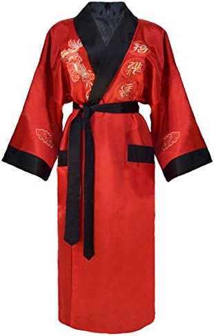 Bon amixyl Heren Ochtendjas Badjas Satijn Zijde Badjas Kimono Jurk Draak Borduurwerk Yukata Hakma Vintage, Donkerblauw, 3XL