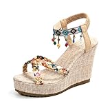 CSRZPMG Boho Espadrille Sandals for Women 2026 Summer Beach Dressy Wedge Jeweled Rome Sandal Comfortable Bohemian Elastic Ankle Strap Platform Open Toe Sandals