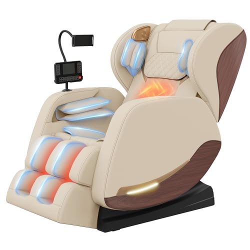 2025 Massage Chair, Massage Chairs Full Body and Recliner with 10 Fixed Points, Zero Gravity, Wood Grain Leather, Foot Massage, Airbags, Lumbar Heating, Bluetooth and Control Screen (Creamy White)
