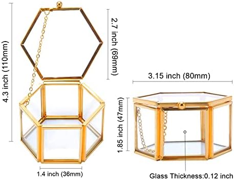 Homtone Glass Vintage Jewelry Box Golden Hexagon Ring Display Jewelry Organizer Keepsake Case Home Decorative Box for Storage Trinket Ring Earring(Small-8 * 4.7 * 7cm)
