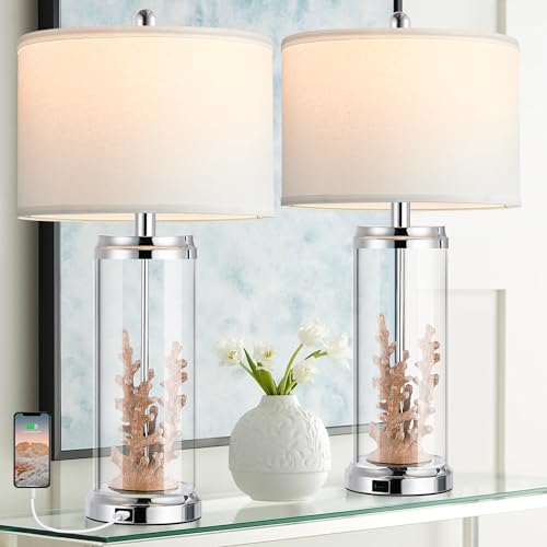 QiMH Table Lamps Set of 2, Modern Bedside Lamp with USB Ports, Nightstand Lamp with White Fabric Shade, Side Table Lamp for Bedrooms (2 Bulbs Included)