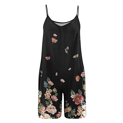 HAOLEI Short Jumpsuits for Women UK 2023 Casual Loose Fit Cami Rompers Sleeveless V Neck Overalls Short Playsuits Summer Beach Boho Stretchy Floral Jumpsuit Holiday Short Dungarees with Pockets - Image 3