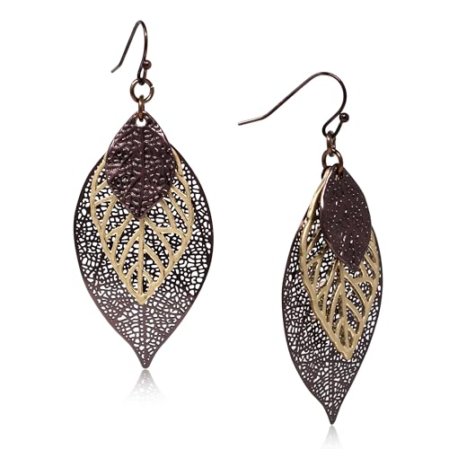 POMINA Choco Gold Fashion Fall Leaf Boho Earrings Gold Silver Two Tone Filigree Leaf Dangle Drop Earrings for Women Jewelry Gifts