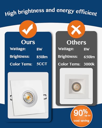 Image of 4 Inch 6 Pack Square Recessed Lighting, 8W 5CCT Adjustable Canless Wafer Downlight, 360 Rotatable and 30 Tiltable LED Eyeball Lights, 4 Inch 6 Pack White