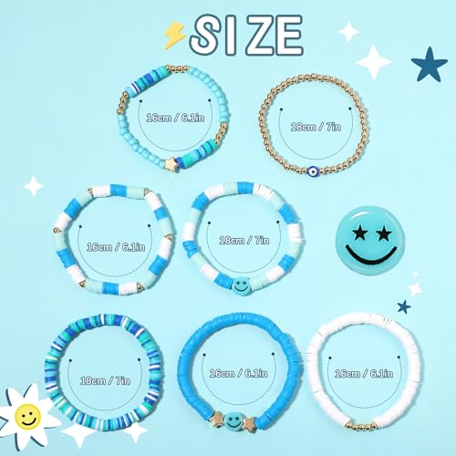 Image of Preppy Bracelets Set Colorful White Gold Smile Heart Star Polymer Beaded Pearl Clay Stackable Charm Y2K Kidcore Aesthetic Summer Beach Bohemian Stretch Layering Bracelets Jewelry for Girls Women Teens