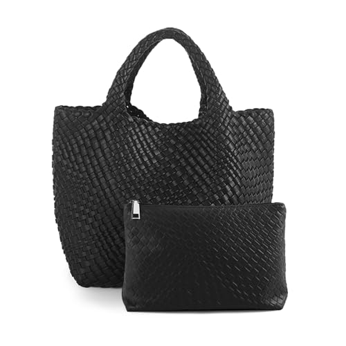 Image of Handmade Woven Bag Satchel Handbag For Women Vegan Leather Tote Bag With Purses Travel Shoulder Bag Underarm Bag