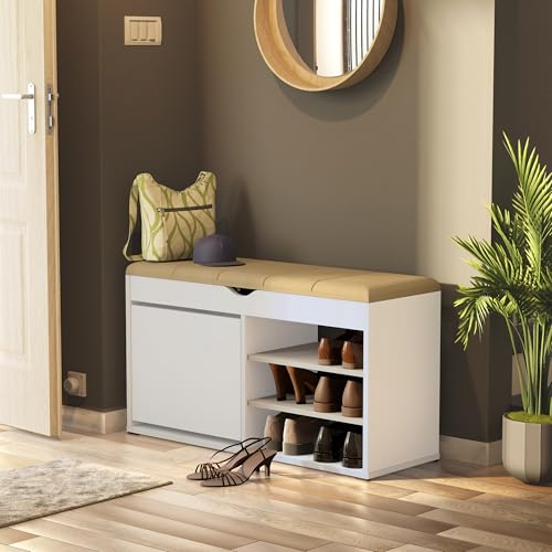 Image of Studio Kook Pixie Shoe Cabinet, Engineered Wood, 14 Pairs Capacity, Cushioned Top, Matte Finish (Moonshine White)