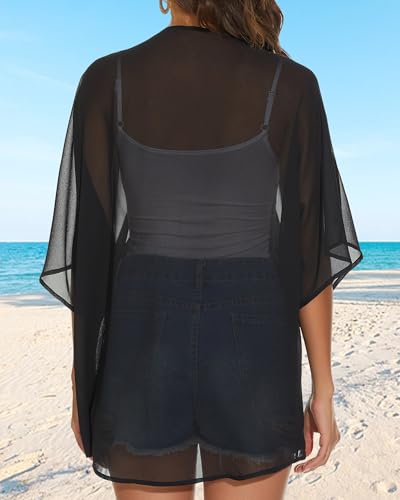 Womens Kimono Cardigans Beach Cover ups Swimwear Puff Sleeve Loose Casual Summer Tops (Black,S)
