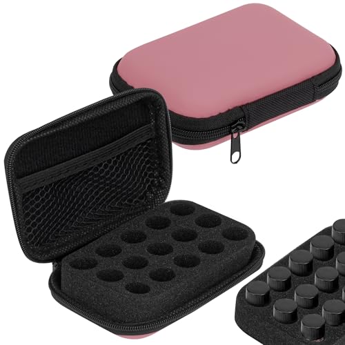 SHIDOW Estojo de armazenamento de óleo essencial com 15 compartimentos, serve para frascos de 1 a 3 ml, organizador de viagem de poliuretano para perfume e óleos essenciais, rosa, pacote com 2