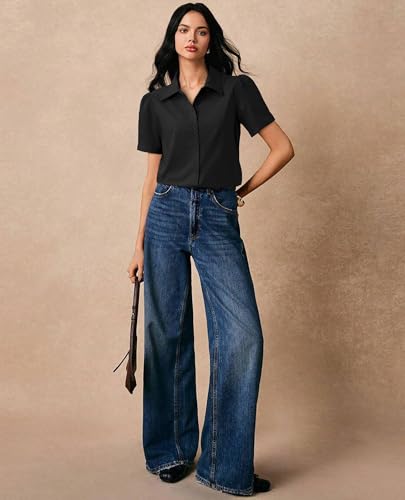 Button Down Shirts for Women Puff Short Sleeve Button Up Dress Shirts Collared Fitted Blouse Work Business Top3