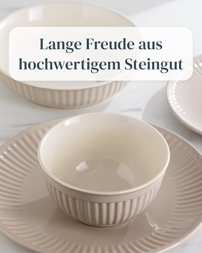 Steingut Geschirrset 6 Personen Hygge 24 tlg. TESTSIEGER, Traumhaftes Skandinavisches Steingut Geschirr Set, Schüssel- und Teller Set, Tafelservice 6 Personen, Geschirrsets Pure Living in Hellbraun