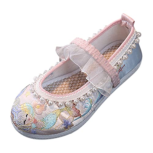 Girls Flat Bottomed Embroidered Sandals Fashionable Antique Costume Children Performance Children Slides for Girls (Pink, 9.5-10 Years Big Kids)