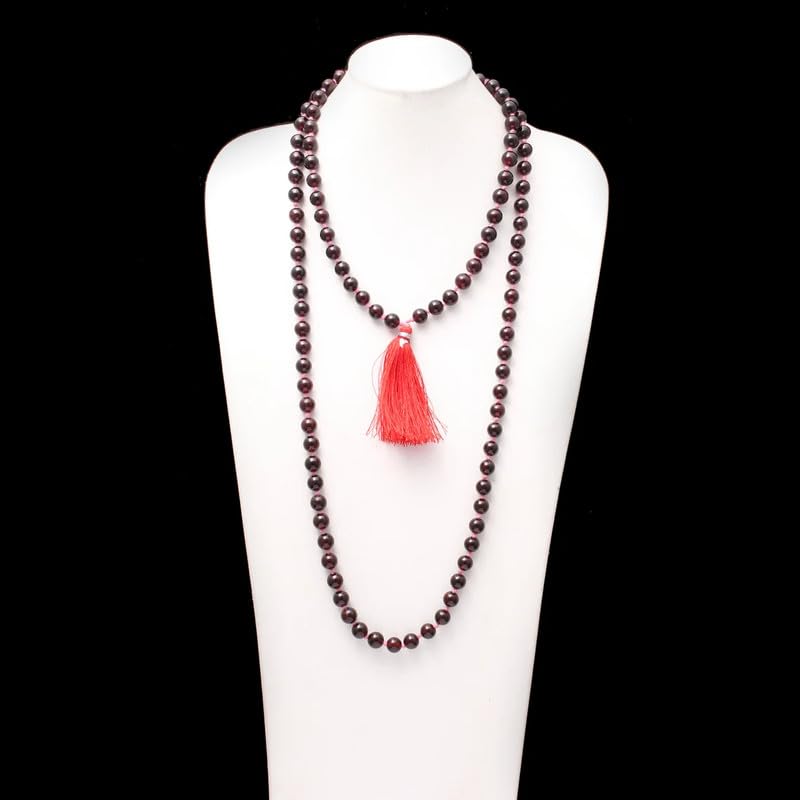 Collar Mala 108 granate rojo AAA Natural | Mala|108 Mala con cuentas de oración | Mala anudada a mano | Japa Mala| Cuentas redondas de 6 mm | Borla de meditación