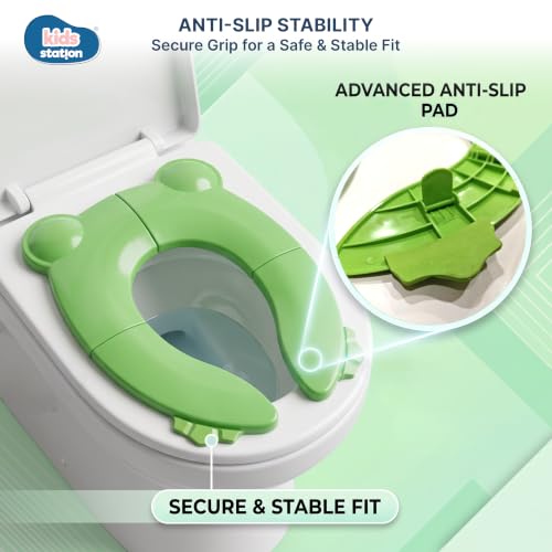 Image of Kids Station Baby Portable & Foldable Baby Unisex Potty Training Toilet Seat with Non-Slip Base, Splash Guard, and Storage Hook-Ideal for 0-6 Year Child, Travel-Friendly (Green, Foldable Potty Seat)