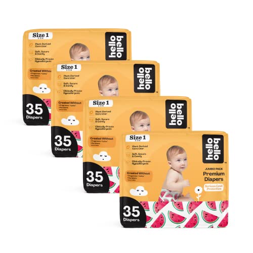 Image of Hello Bello Premium Baby Diapers Size 1 I 140 Count of Disposeable, Extra-Absorbent, Hypoallergenic, and Eco-Friendly Baby Diapers with Snug and Comfort Fit I Watermelon