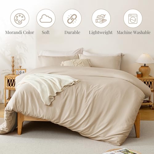 Image of MILDLY Duvet Cover 120 inchx98 inch Ultra Soft Comforter Cover Set 3pcs, Khaki | Washed Microfiber Cotton-Like, Breathable Comfort, Hidden Zipper, Corner Ties, OEKO-TEX Certified, Fade Resistant