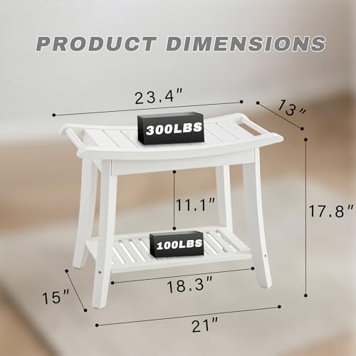 Image of Bamboo Shower Bench Stool,24 inch Shower Chair Seat Non-Slip,Waterproof Bathroom Bench with Storage Shelf for Adults,Elderly, Disabled Indoor&Outdoor Use (White)
