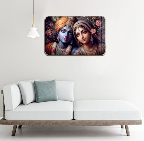 Image of Masstone Radha Krishna Crystal Embedded High Gloss Wall Painting, Golden Slim Frame, 45x30 Cm Wall Art for Living Room, Bedroom, Office & Home Decor (HG10)