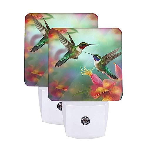 Image of Hummingbirds Floral Night Light Set of 2, Flowers Birds Auto Sensor LED Dusk-to-Dawn Nightlights, Plug-in Sensor Lamp for Bedroom Bathroom Kitchen Hallway Stairs Decorative