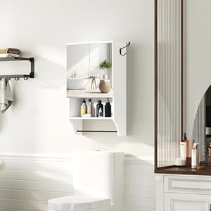 Bathroom Wall Cabinet with Mirror, Wall Mounted Medicine Cabinets with 2 Door and Adjustable Shelves, Over The Toilet Storage Cabinet with Towel Bar, for Bathroom Laundry, White Bathroom Wall Cabinet with Mirror Wall Mounted Medicine Cabinets with 2 Door and Adjustable Shelves Over The Toilet Storage Cabinet with Towel Bar for Bathroom Laundry White