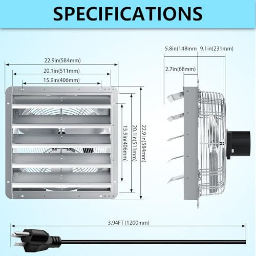 20 Inch Shutter Exhaust Fan, Aluminum Wall Mounted Exhaust Fan, 4000 CFM High Speed Automatic Shutter Attic Fan, Vent Fan For Greenhouse,Shed,Shop,Garage,ETL Listed