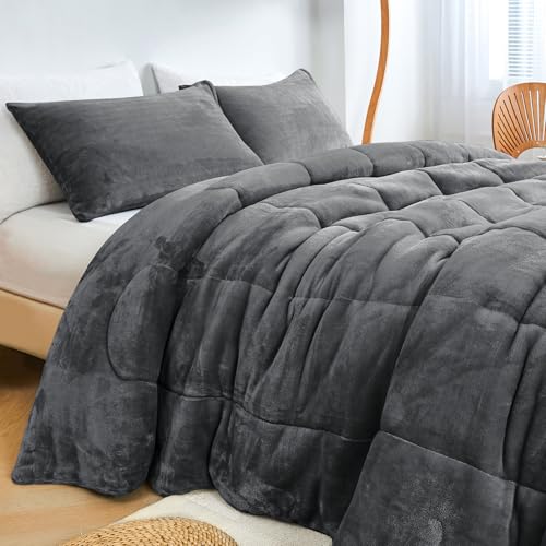 HCORA Faux Fur Comforter Set, Ultra Soft Warm Plush Velvet Comforter, Fluffy Fuzzy Fleece Bedding Comforter Sets for Fall Winter, No Shedding, 3PC, King Size, Dark Grey