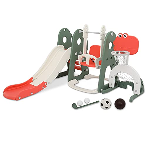 JOYMOR 6-in-1 Toddler Slide and Swing Set, Kids Play Climber Slide Playset w/Basketball Hoop, Soccer Goal, Golf Game, Easy Set Up Baby Playset for Indoor Backyard Playground Yard Games JOYMOR 6-in-1 Toddler Slide and Swing Set, Kids Play Climber Slide Playset w/Basketball Hoop, Soccer Goal, Golf Game, Easy Set Up Baby Playset for Indoor Backyard Playground Yard Games