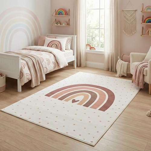 Carpetsale24 Alfombra Infantil Arcoiris Alfombra de Juego para Habitacion Infantil en Crema con Motivo Corazon Tamano 160x230 cm Habitaciones Infantiles Grandes
