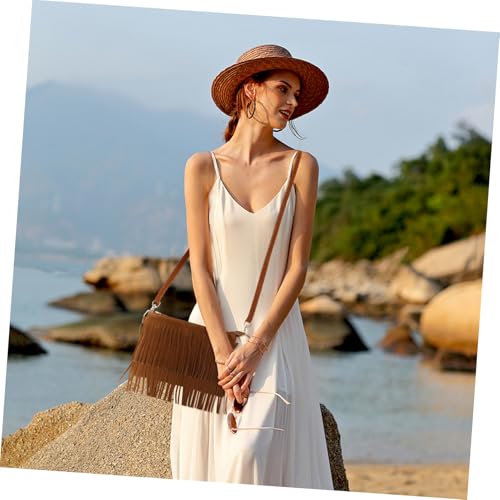 Sac en cuir suédé marron avec franges et pompons style rétro - 2