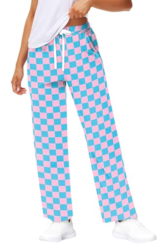 Remimi Womens Checkered Pants Casual Loose Wide Leg Sweatpants with Pockets